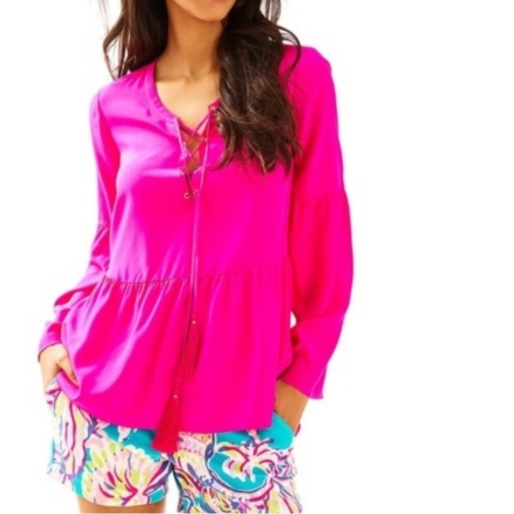 Lilly Pulitzer Women's Milan Long Sleeve Silk Lace-Up Top Magenta Size XL
